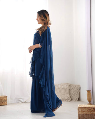Teal Blue Designer Ready-to-Wear Sharara Saree in Pure Fox Georgette with Heavy Embroidered Sequin Blouse ClothsVilla