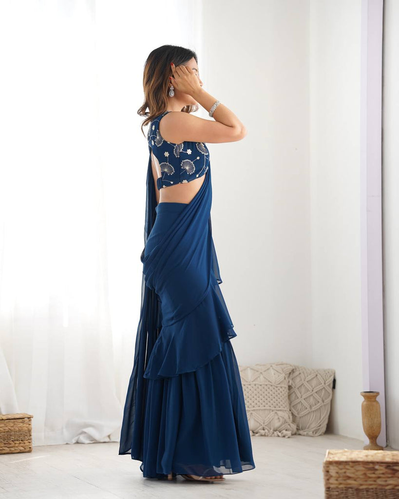 Teal Blue Designer Ready-to-Wear Sharara Saree in Pure Fox Georgette with Heavy Embroidered Sequin Blouse ClothsVilla