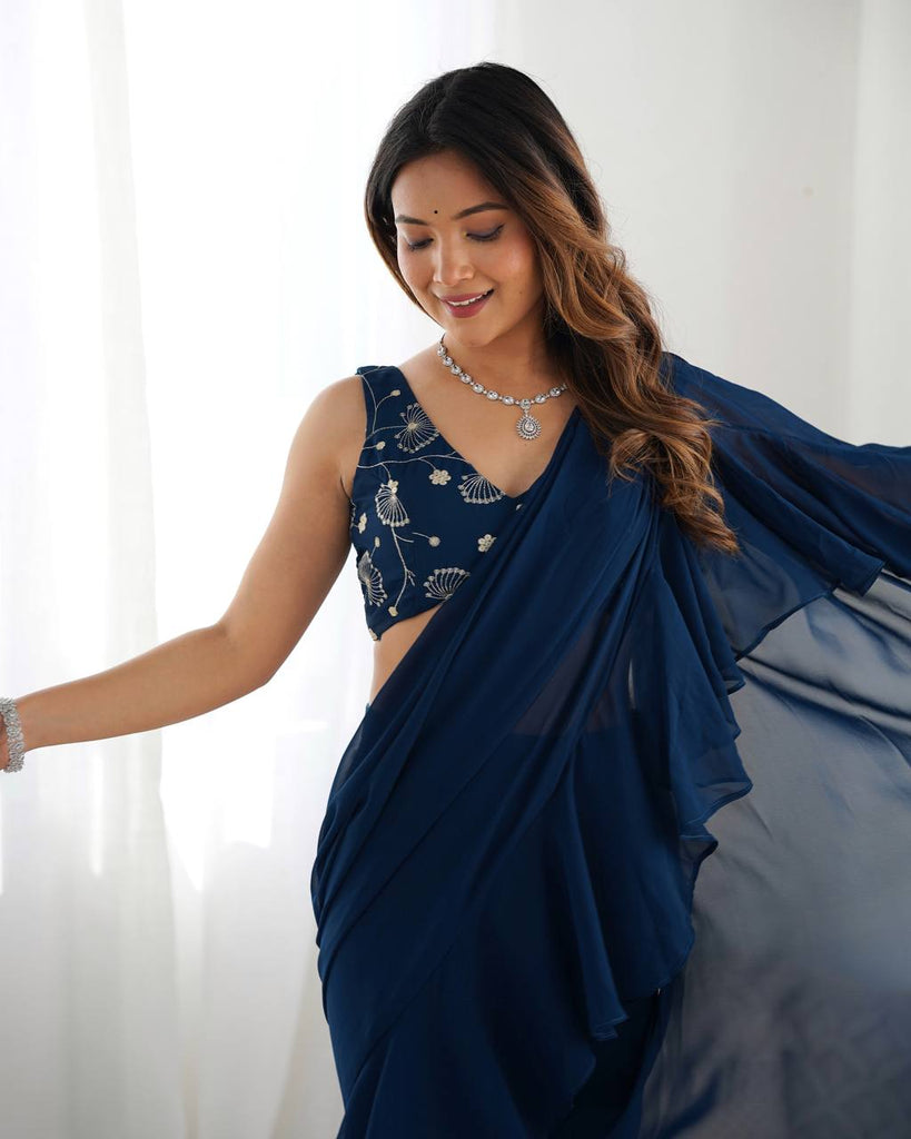 Teal Blue Designer Ready-to-Wear Sharara Saree in Pure Fox Georgette with Heavy Embroidered Sequin Blouse ClothsVilla