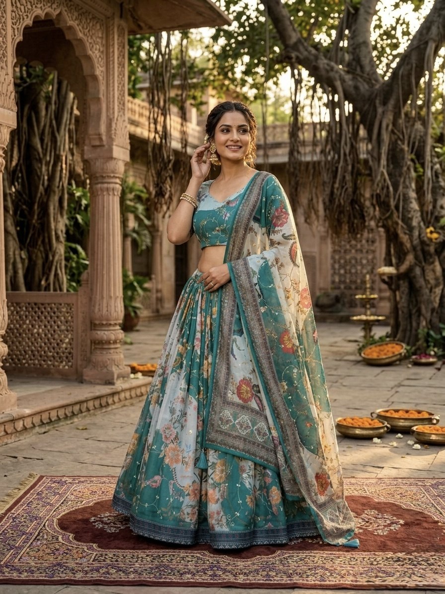Teal Blue Digital Print Silk Lehenga Set ClothsVilla