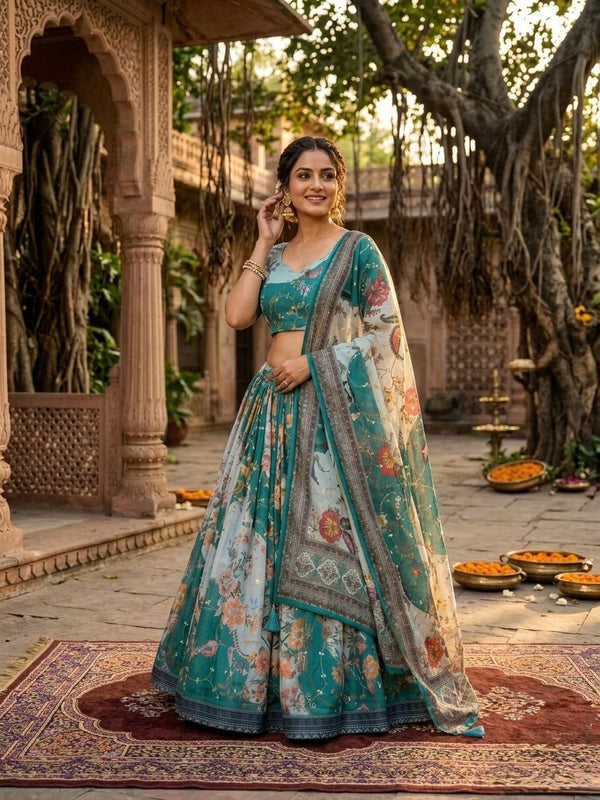 Teal Blue Digital Print Silk Lehenga Set ClothsVilla