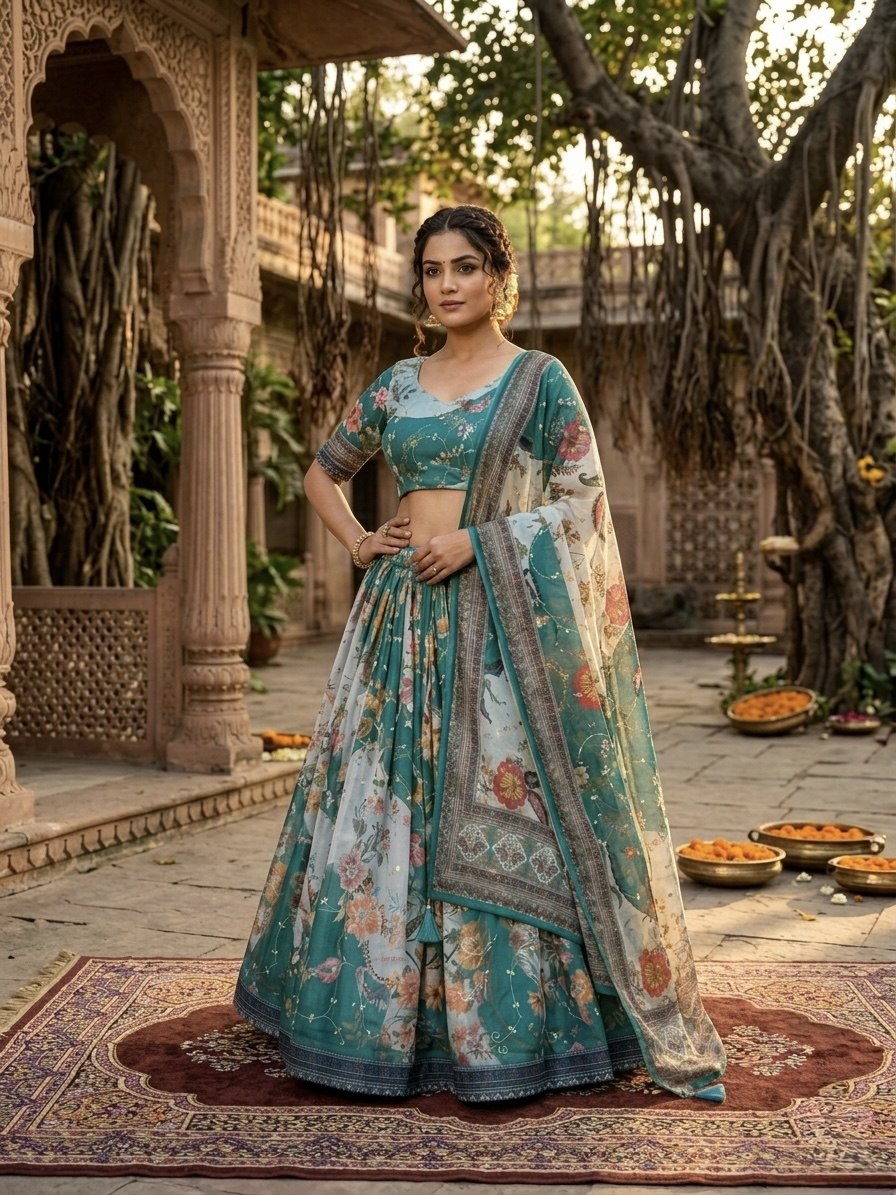 Teal Blue Digital Print Silk Lehenga Set ClothsVilla