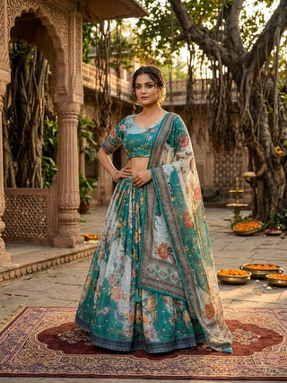 Teal Blue Digital Print Silk Lehenga Set ClothsVilla