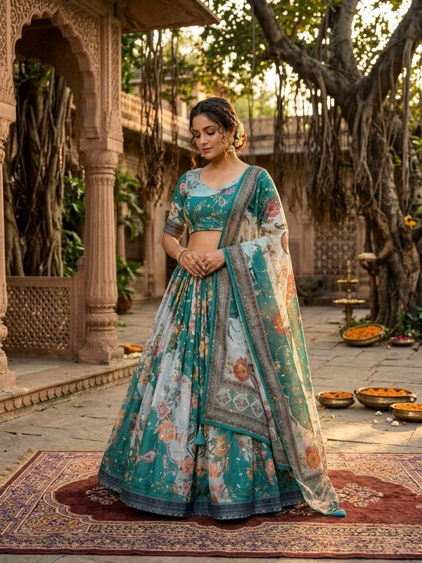 Teal Blue Digital Print Silk Lehenga Set ClothsVilla
