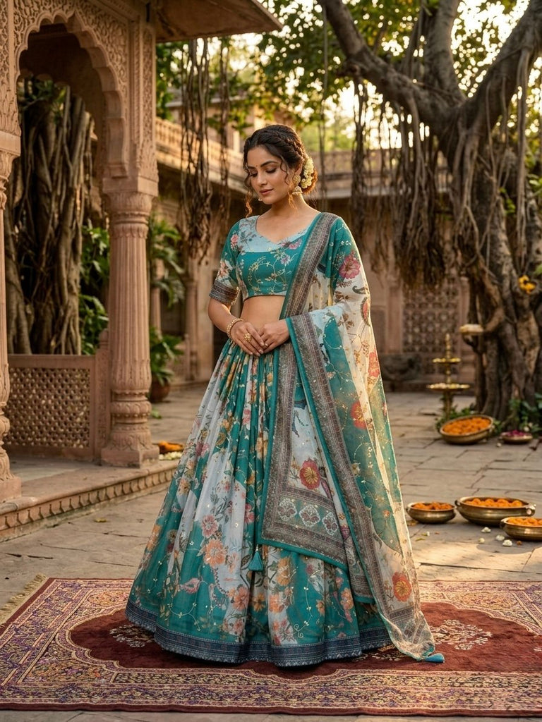 Teal Blue Digital Print Silk Lehenga Set ClothsVilla