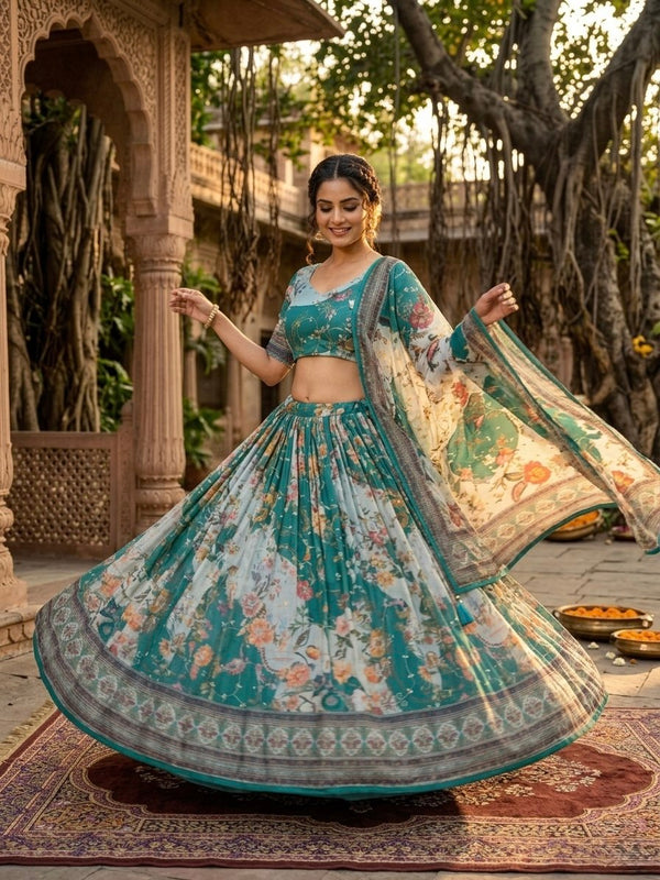 Teal Blue Digital Print Silk Lehenga Set ClothsVilla