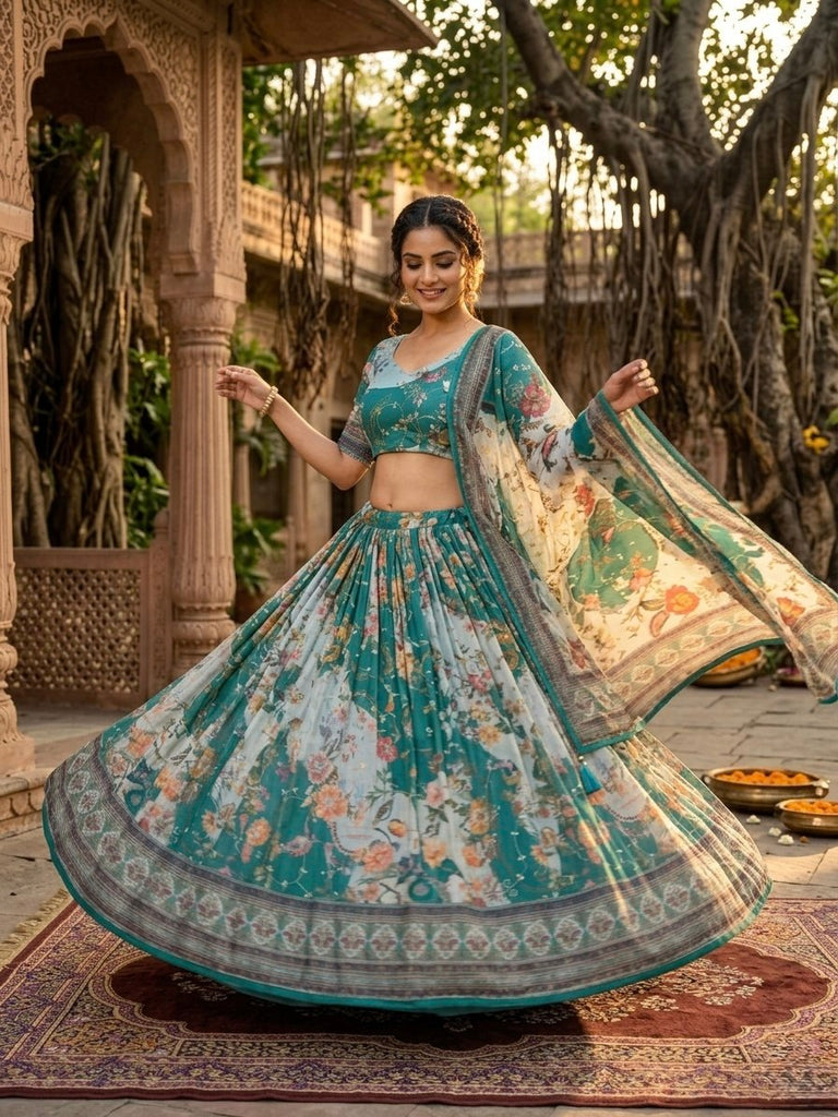 Teal Blue Digital Print Silk Lehenga Set ClothsVilla