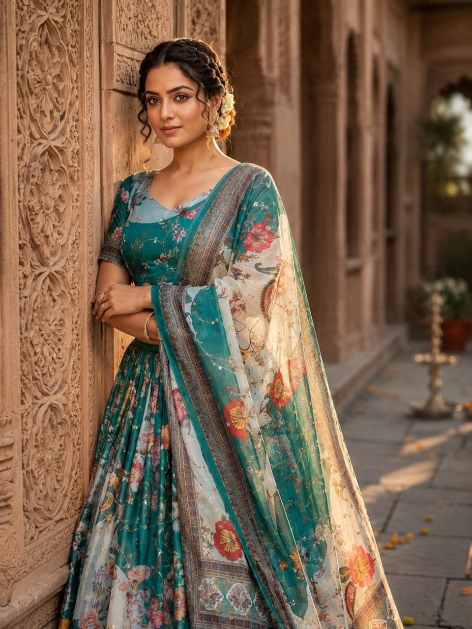 Teal Blue Digital Print Silk Lehenga Set ClothsVilla
