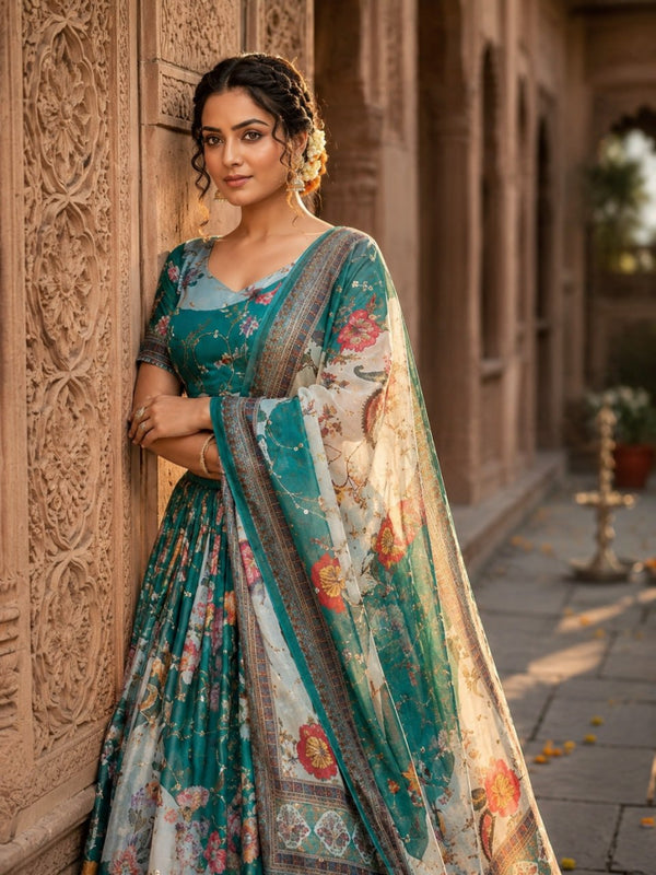 Teal Blue Digital Print Silk Lehenga Set ClothsVilla
