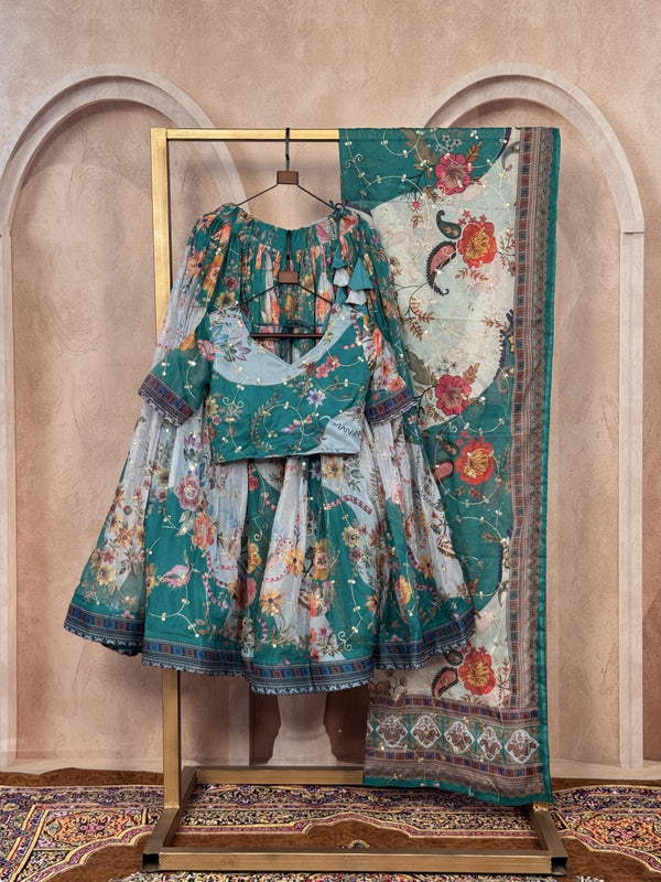 Teal Blue Digital Print Silk Lehenga Set ClothsVilla