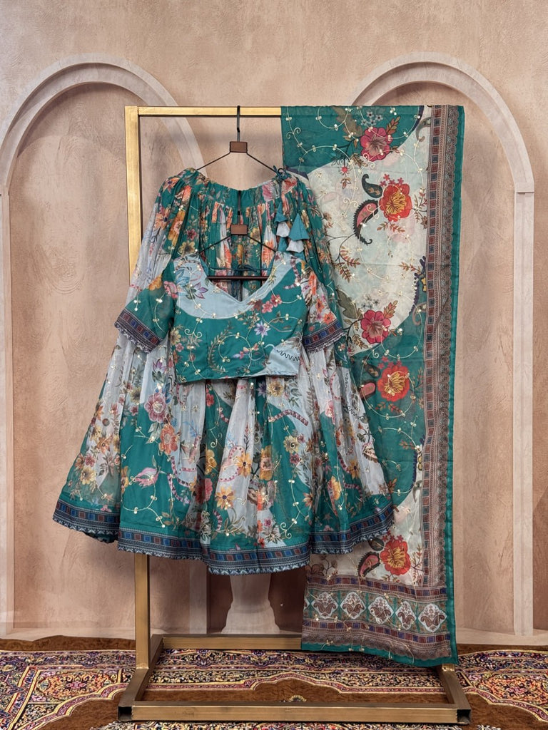 Teal Blue Digital Print Silk Lehenga Set ClothsVilla