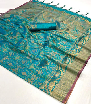 Teal Blue Elegant Blended Silk Banarasi Saree with Blouse Piece – Timeless Traditional Charm ClothsVilla