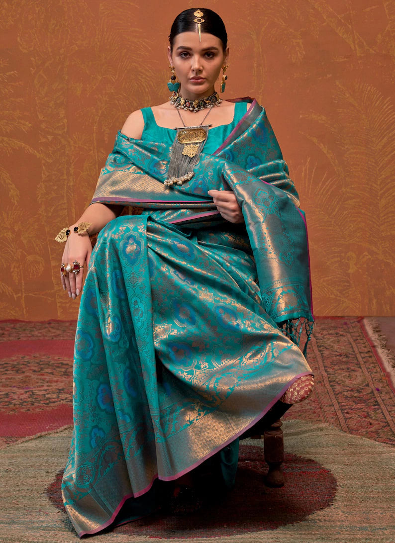 Teal Blue Elegant Blended Silk Banarasi Saree with Blouse Piece – Timeless Traditional Charm Secondary image