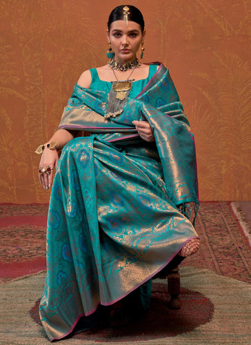 Teal Blue Elegant Blended Silk Banarasi Saree with Blouse Piece – Timeless Traditional Charm ClothsVilla