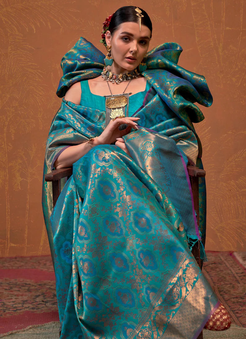 Teal Blue Elegant Blended Silk Banarasi Saree with Blouse Piece – Timeless Traditional Charm ClothsVilla