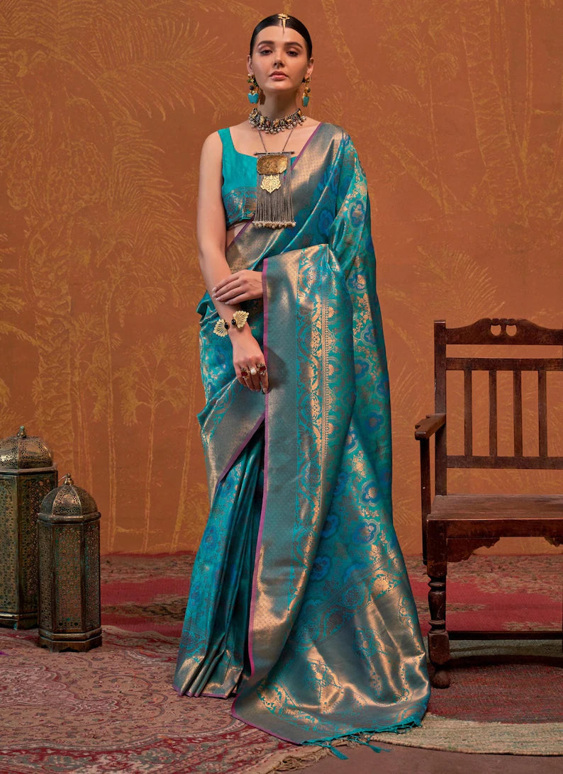 Teal Blue Elegant Blended Silk Banarasi Saree with Blouse Piece – Timeless Traditional Charm ClothsVilla Main image