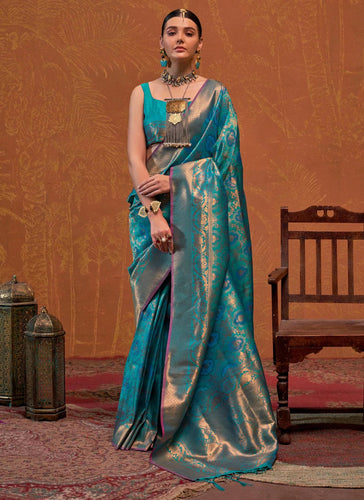 Teal Blue Elegant Blended Silk Banarasi Saree with Blouse Piece – Timeless Traditional Charm ClothsVilla