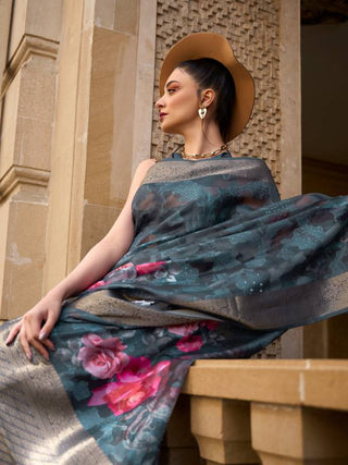 Teal Blue Elegant Brasso Madurai Saree with Unstitched Blouse Piece Clothsvilla