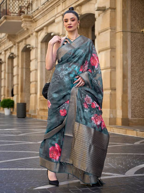 Teal Blue Elegant Brasso Madurai Saree with Unstitched Blouse Piece Clothsvilla Main image