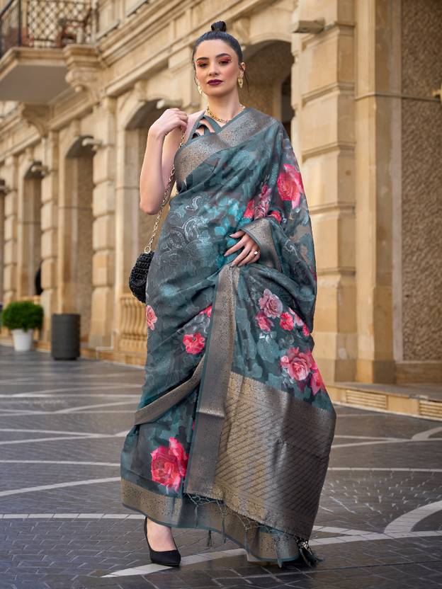 Teal Blue Elegant Brasso Madurai Saree with Unstitched Blouse Piece Clothsvilla Main image