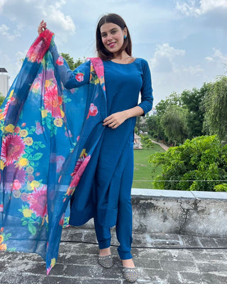Teal Blue Elegant Cotton Silk Suit Set with Floral Organza Dupatta