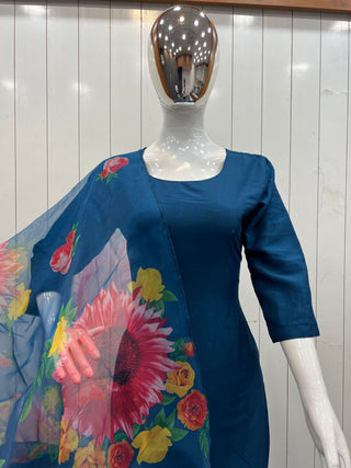 Teal Blue Elegant Cotton Silk Suit Set with Floral Organza Dupatta