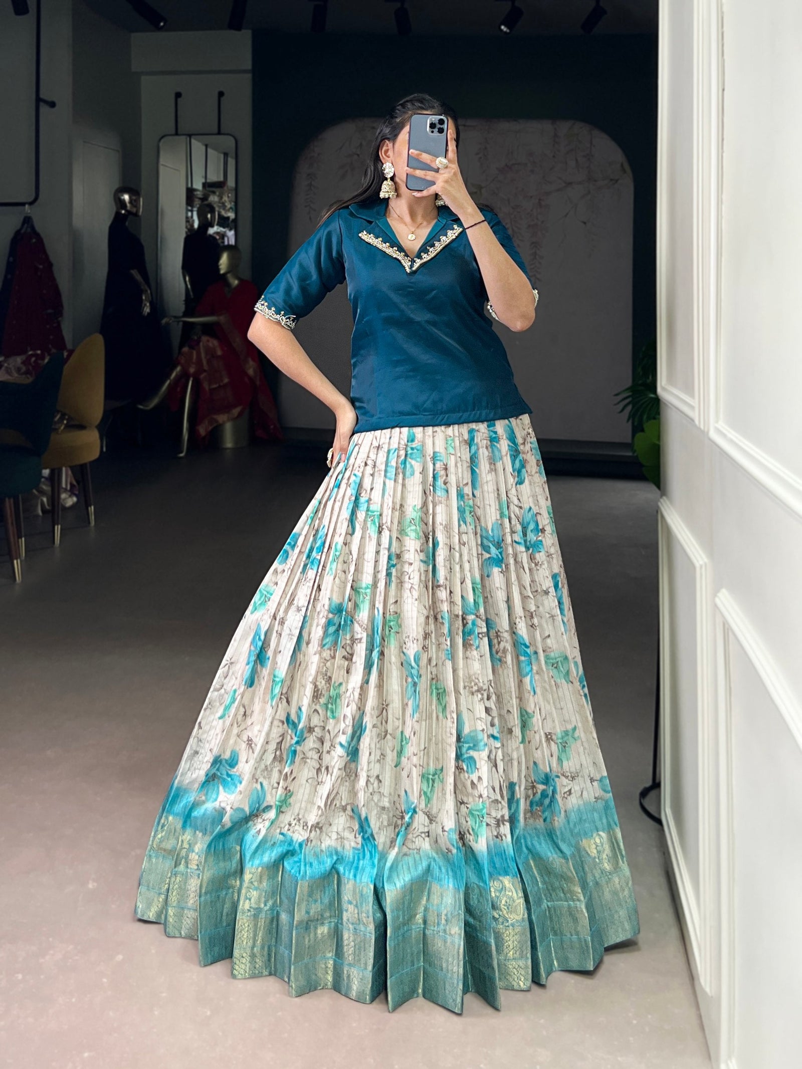 Teal Blue Elegant Dola Chex Floral Printed Lehenga with Zari Weaving and Sequined Banglory Blouse – Stitched Set ClothsVilla
