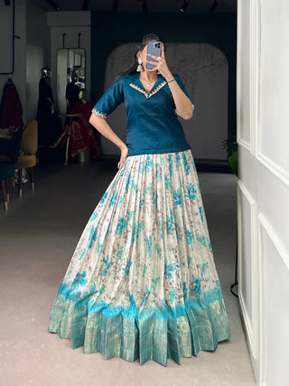 Teal Blue Elegant Dola Chex Floral Printed Lehenga with Zari Weaving and Sequined Banglory Blouse – Stitched Set ClothsVilla