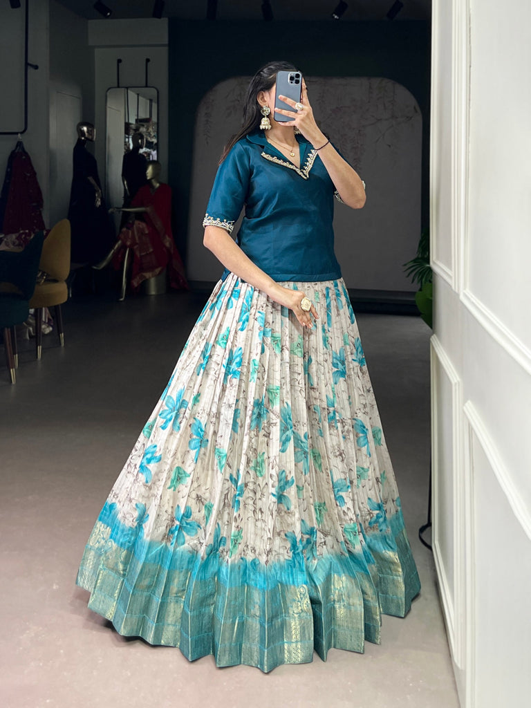 Teal Blue Elegant Dola Chex Floral Printed Lehenga with Zari Weaving and Sequined Banglory Blouse – Stitched Set ClothsVilla