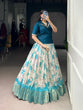 Load image into Gallery viewer, Teal Blue Elegant Dola Chex Floral Printed Lehenga with Zari Weaving and Sequined Banglory Blouse – Stitched Set ClothsVilla