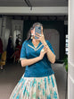Load image into Gallery viewer, Teal Blue Elegant Dola Chex Floral Printed Lehenga with Zari Weaving and Sequined Banglory Blouse – Stitched Set ClothsVilla