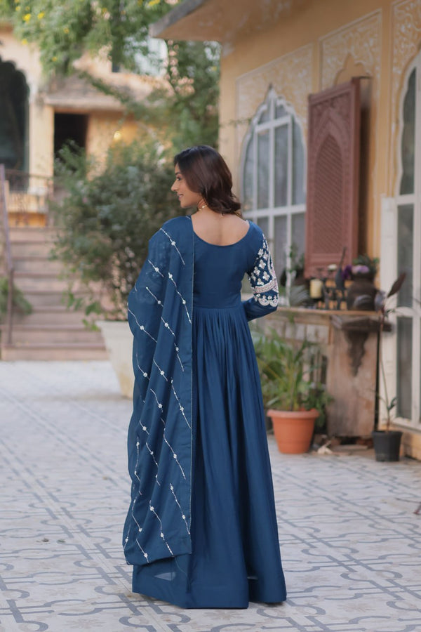 Teal Blue Elegant Embroidered Georgette Gown with Dupatta – Luxe Designer Collection