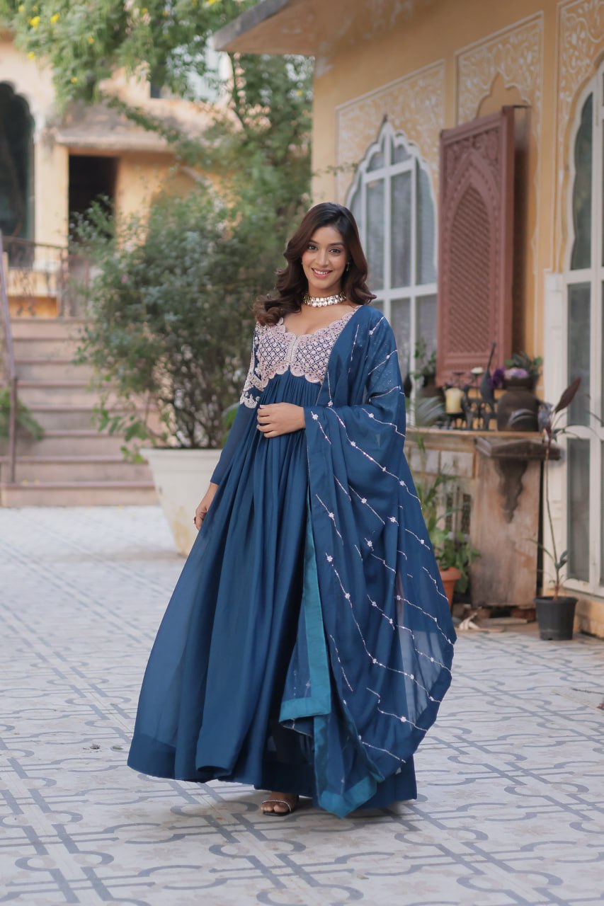 Teal Blue Elegant Embroidered Georgette Gown with Dupatta – Luxe Designer Collection