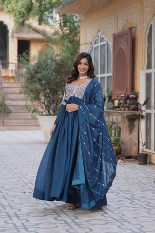 Teal Blue Elegant Embroidered Georgette Gown with Dupatta – Luxe Designer Collection