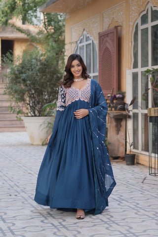Teal Blue Elegant Embroidered Georgette Gown with Dupatta – Luxe Designer Collection