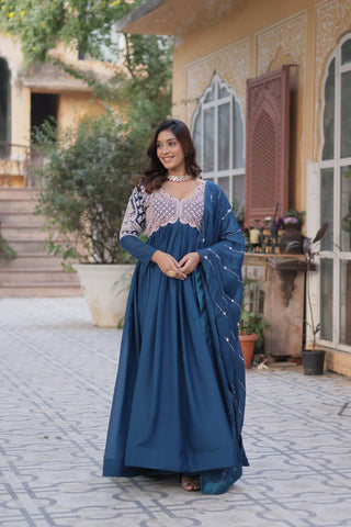 Teal Blue Elegant Embroidered Georgette Gown with Dupatta – Luxe Designer Collection
