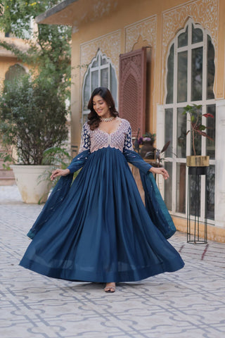 Teal Blue Elegant Embroidered Georgette Gown with Dupatta – Luxe Designer Collection