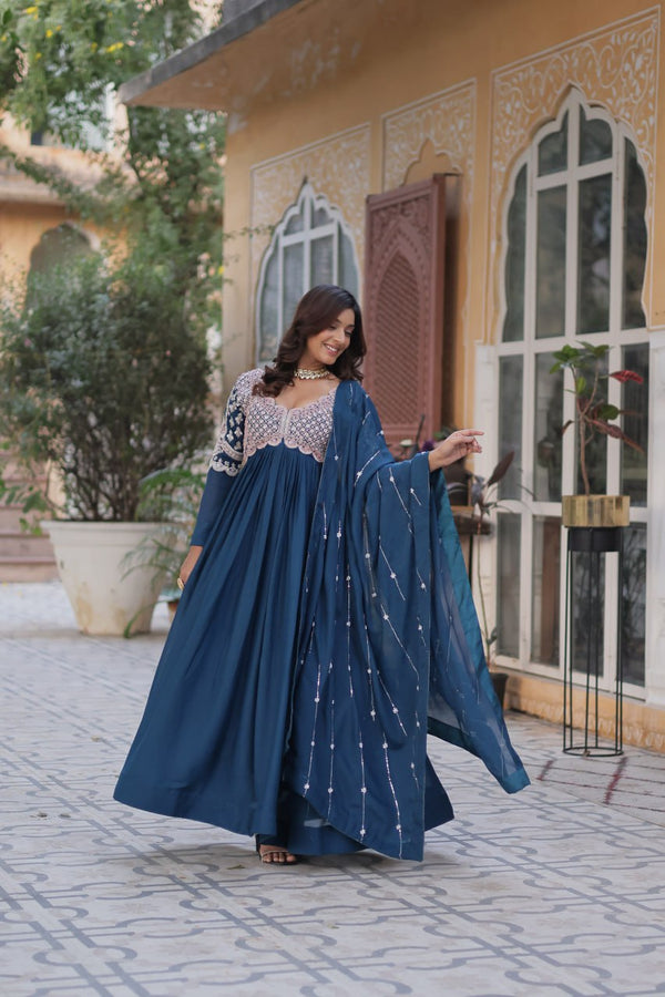 Teal Blue Elegant Embroidered Georgette Gown with Dupatta – Luxe Designer Collection