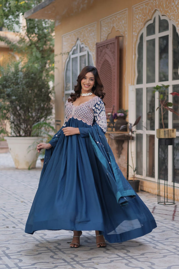 Teal Blue Elegant Embroidered Georgette Gown with Dupatta – Luxe Designer Collection