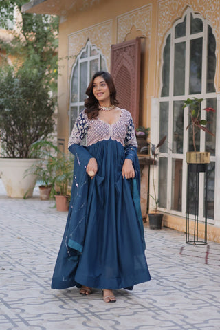 Teal Blue Elegant Embroidered Georgette Gown with Dupatta – Luxe Designer Collection