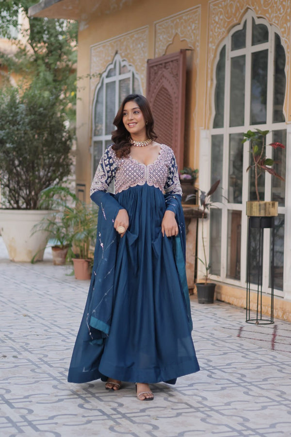 Teal Blue Elegant Embroidered Georgette Gown with Dupatta – Luxe Designer Collection