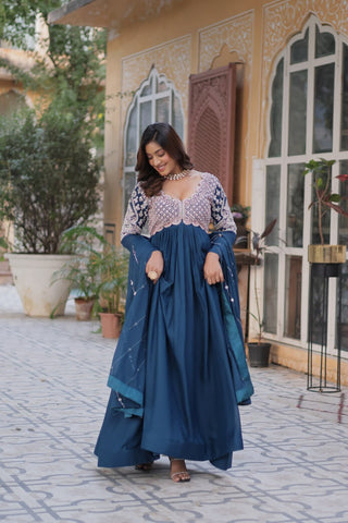 Teal Blue Elegant Embroidered Georgette Gown with Dupatta – Luxe Designer Collection