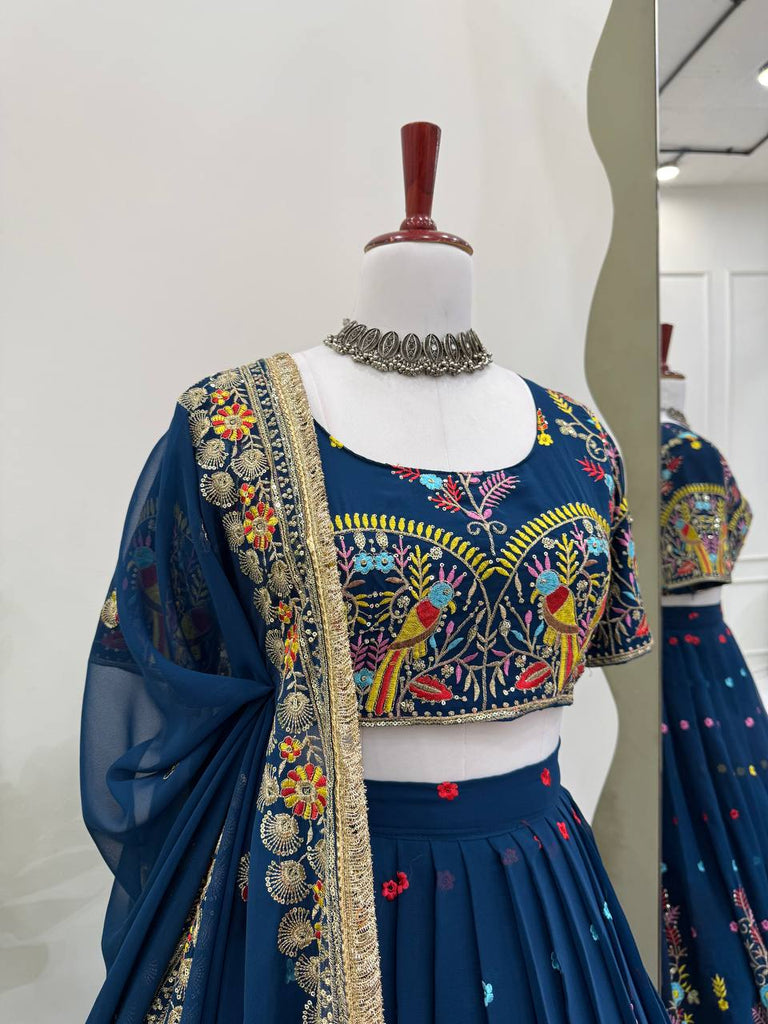 Teal Blue Elegant Faux Georgette Lehenga Choli Set with Thread & Sequin Work – Includes Dupatta ClothsVilla