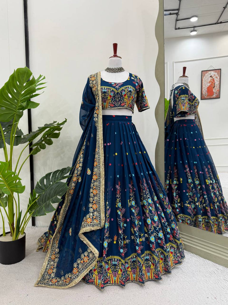 Teal Blue Elegant Faux Georgette Lehenga Choli Set with Thread & Sequin Work – Includes Dupatta ClothsVilla