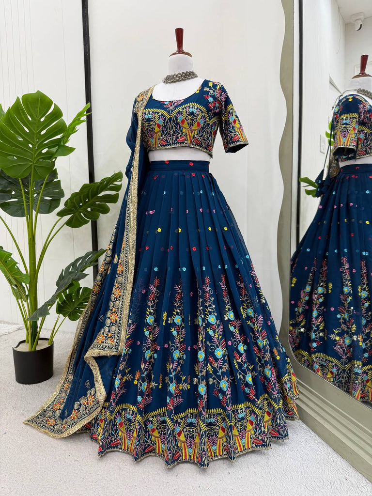 Teal Blue Elegant Faux Georgette Lehenga Choli Set with Thread & Sequin Work – Includes Dupatta ClothsVilla