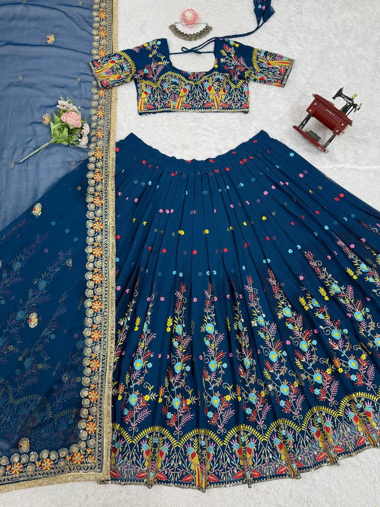Teal Blue Elegant Faux Georgette Lehenga Choli Set with Thread & Sequin Work – Includes Dupatta ClothsVilla