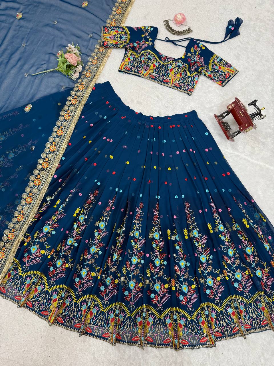 Teal Blue Elegant Faux Georgette Lehenga Choli Set with Thread & Sequin Work – Includes Dupatta ClothsVilla