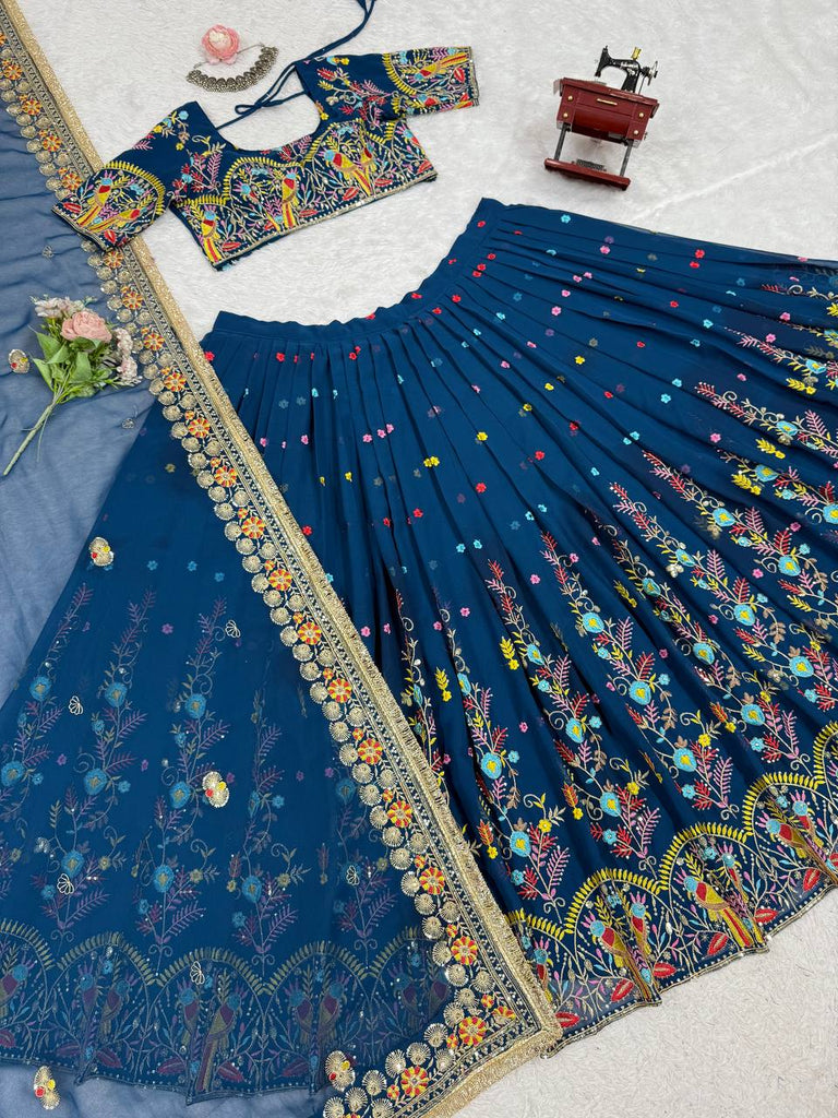 Teal Blue Elegant Faux Georgette Lehenga Choli Set with Thread & Sequin Work – Includes Dupatta ClothsVilla