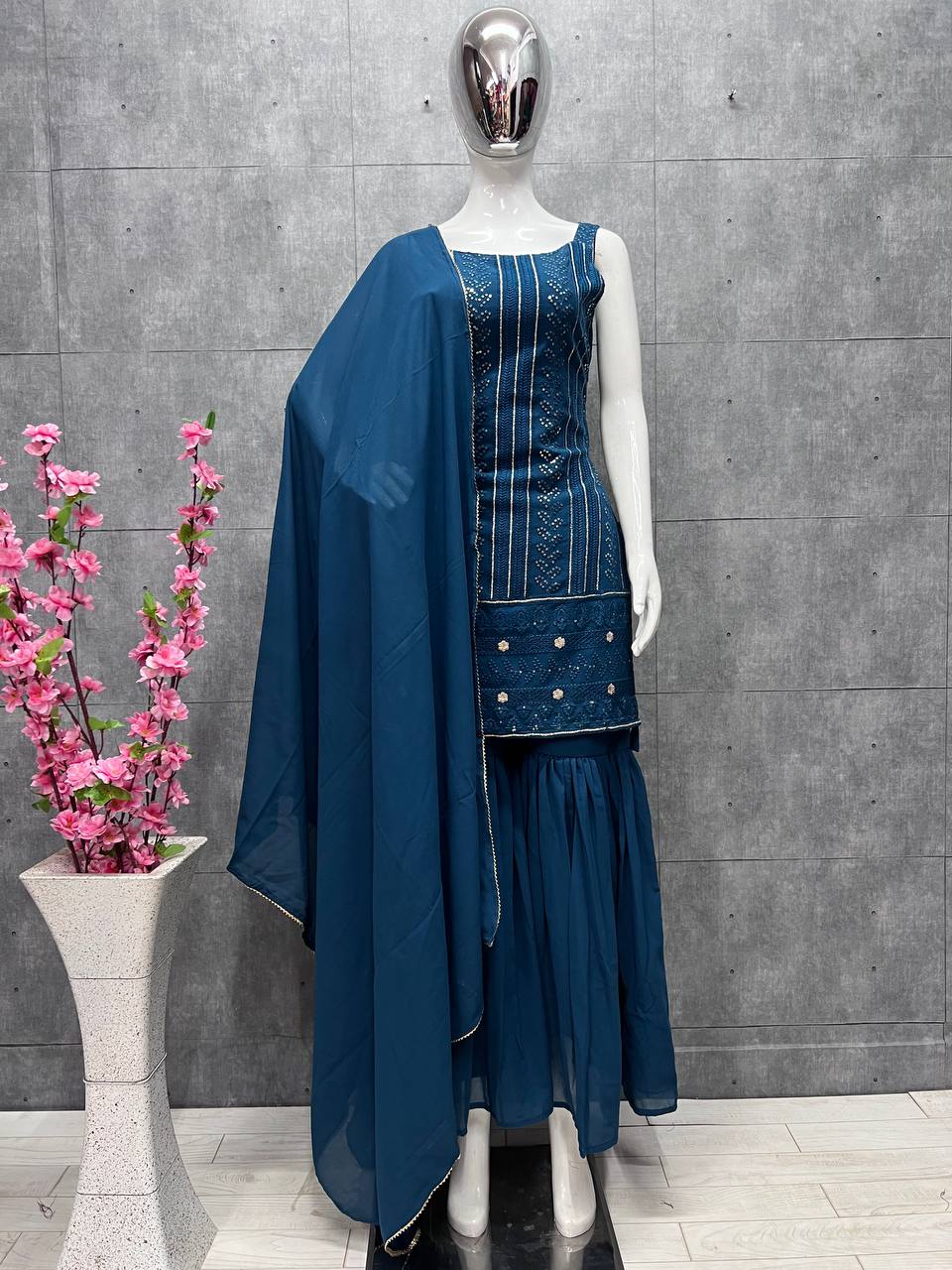 Teal Blue Elegant Pure Lukhnowi Embroidered Georgette Kurta Sharara Dupatta Set Main image