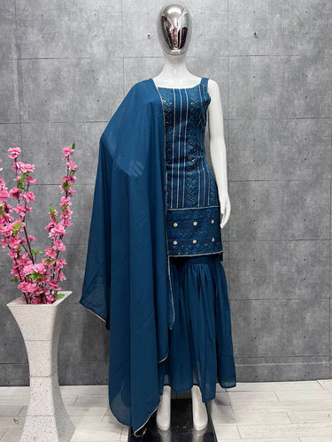 Teal Blue Elegant Pure Lukhnowi Embroidered Georgette Kurta Sharara Dupatta Set